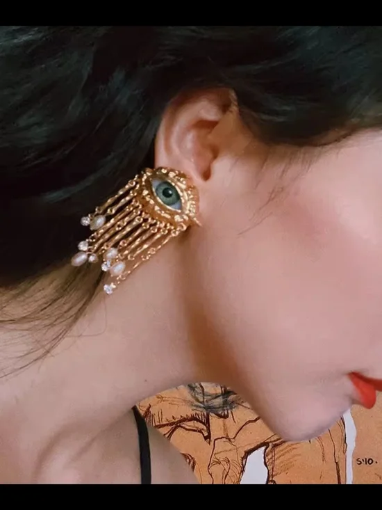 Gold Eye Drop Earrings with Green Iris and Pink Pearls - Picture 5 of 7